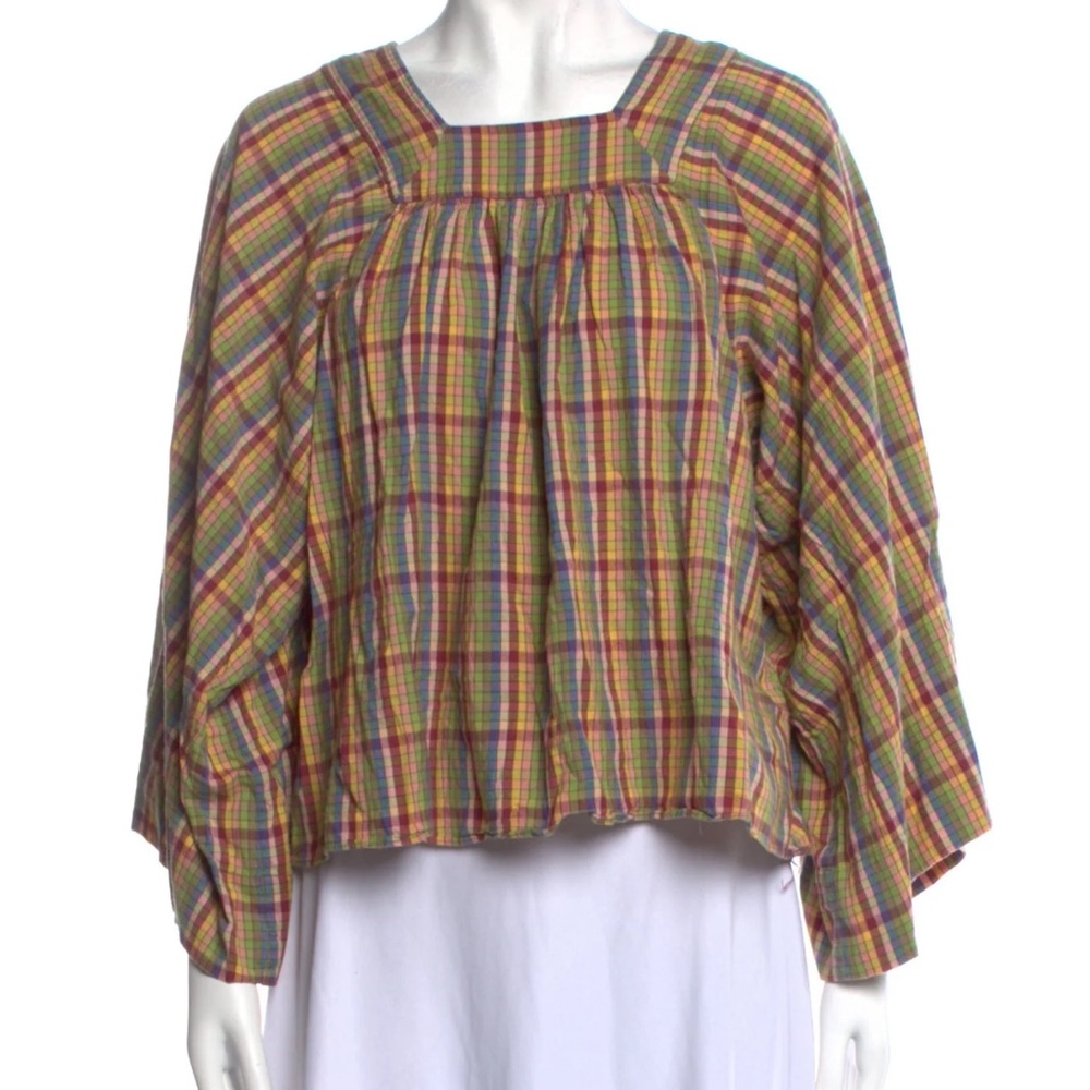 Doen Multicolor Plaid Blouse with Bell Sleeves Size XS